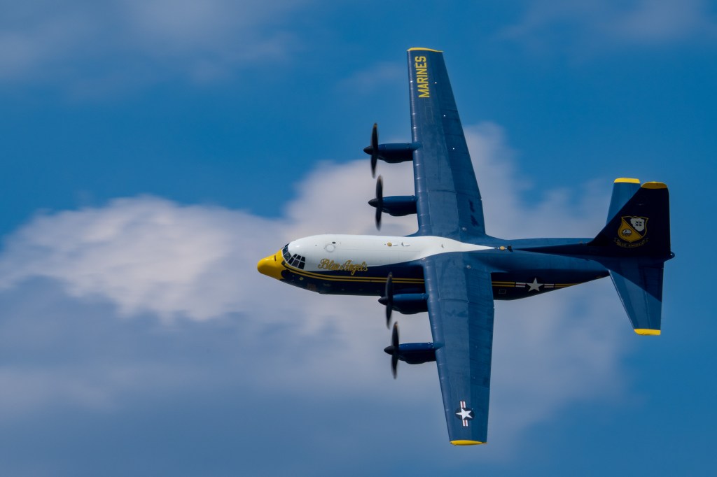 US Marince Corps C-130 transport plane known as Fat Albert flies in the skies above the Dayton International Airport.